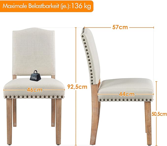 Yaheetech Esszimmerstühle, 2er-Set, gepolstert, mit Holzbeinen – Beige – max. 136 kg
