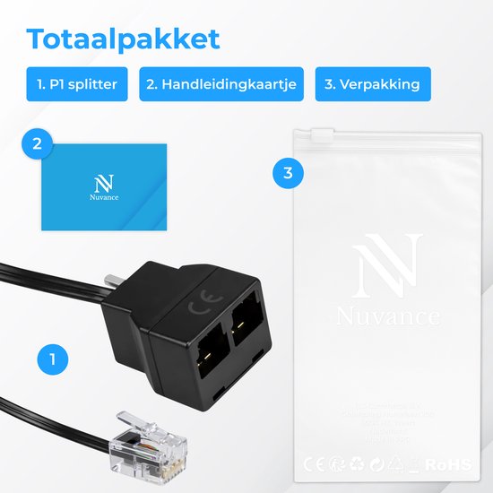 Nuvance P1 Splitter - Passiv - Geeignet für Homewizard - P1 Zähler, Ladesäule, Energiezähler, Smart Meter - RJ12 Port