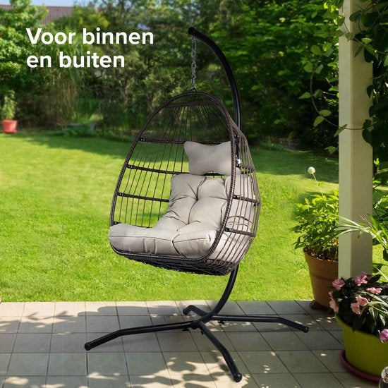 Vita5 Egg Hanging Chair - mit Ständer - für drinnen und draußen - Cocoon Chair - faltbar - bis zu 150kg - inkl. Kissen & Bezug - Hellgrau