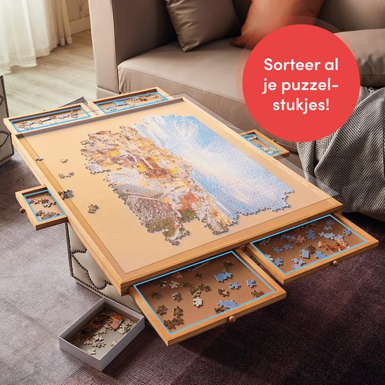 Drehbares Puzzlebrett mit Aufbewahrungssystem - 6 Schubladen - 1500 Teile - Holz - Puzzletisch - Puzzlebrett - Puzzlemappe - Puzzleteller - inkl. Schutzhülle - Puzzle - Matte - Koffer - Sortierschalen