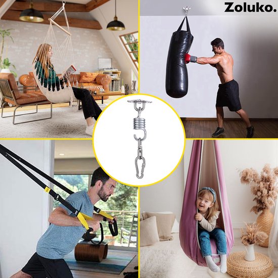 Zoluko Edelstahl-Aufhängesystem - 300 KG Tragkraft - 360° frei drehbar - schalldämpfende Feder - Boxsack-Aufhängesystem - Deckenhalterung - Deckenhaken - Aufhängehaken - Schraubhaken - Chrom