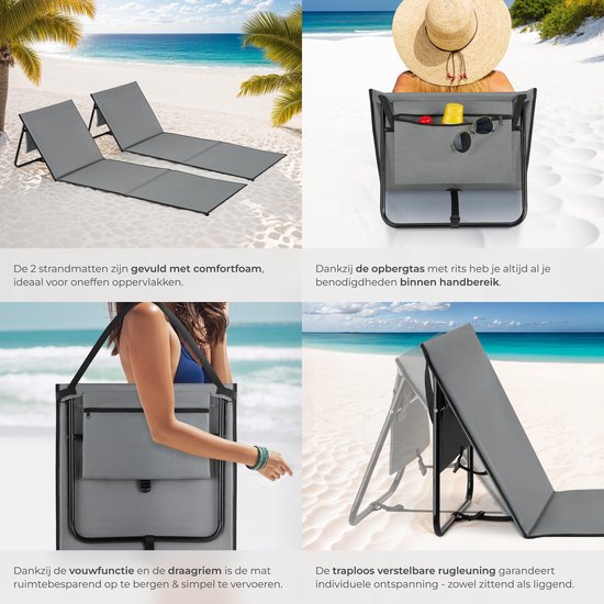 tectake Strandmatte - Set aus 2 faltbaren Liegematten mit verstellbarer Rückenlehne, Tragegurt und Staufach - Ideal für Strand, Camping oder Garten - Leicht und pflegeleicht - Grau