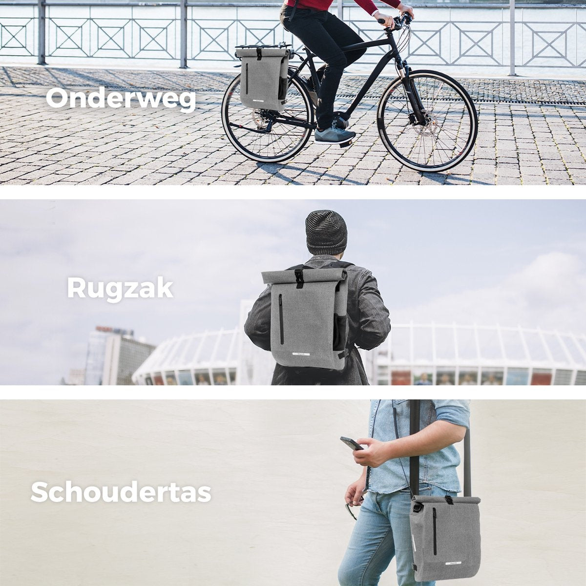 LifeGoods Single Bicycle Bag - Kompakt - Umhängetasche und Rucksack - 25L - Runder Gepäckträger - Wasserdicht - Grau