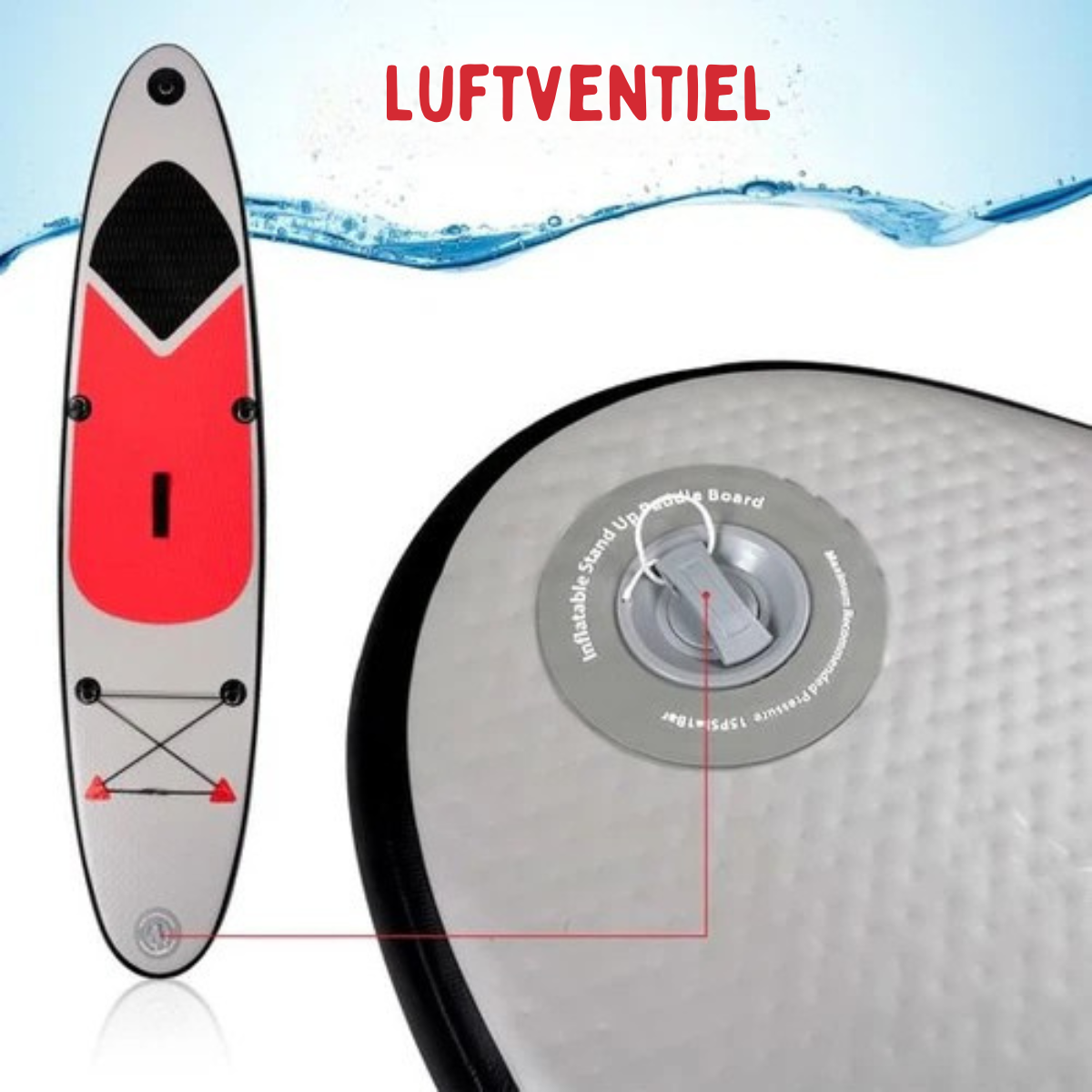 Surfplank - Surfbrett - Aufblasbar - 243x57x7cm - mit Tragetasche - Weiß/ Rot