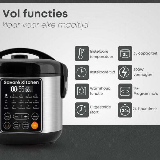 Savoré Kitchen Reiskocher mit Dampfgarer - 3L - 14 Programme - PFAS frei - Schwarzer Edelstahl