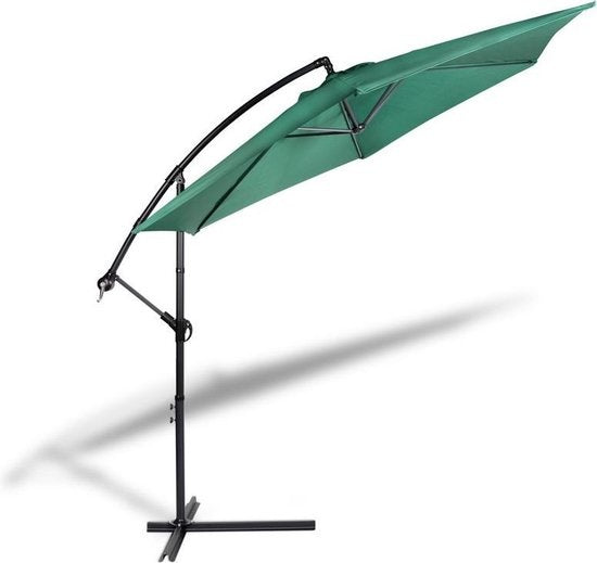 909 OUTDOOR Hängesonnenschirm in dunkelgrün 2,5 m hoch, Gartenschirm mit Stahlgestell und Abdeckung, Sonnenschirm mit Kurbel und Kippfunktion, Durchmesser 300 cm