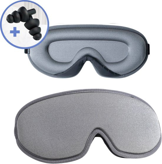 Hilvard - Schlafmaske - Augenmaske - Inklusive Schlaf-Ohrstöpsel - 100% Verdunkelung - Verstellbar - Ergonomisch - Grau