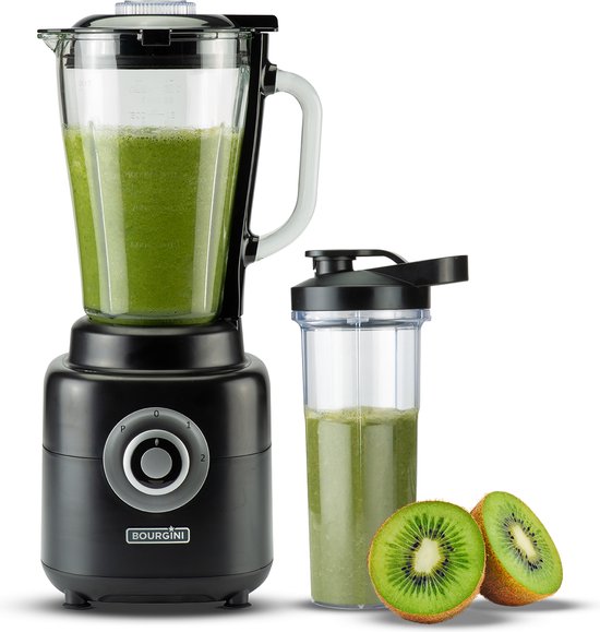 Bourgini PowerBlender - 1.75L - Blender zum Mitnehmen mit 700ml Becher - Blender Smoothie und Eiscrusher - 1000 Watt - Schwarz