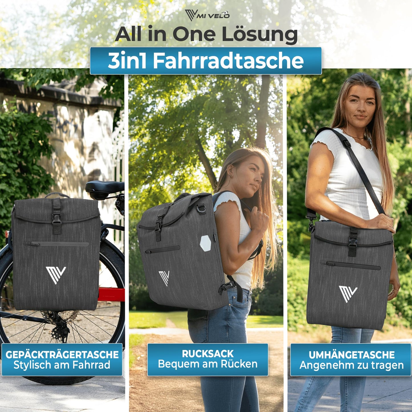 MIVELO - 3-in-1-Fahrradtasche – Wasserdicht – Gefüttertes Laptopfach – Reflektoren - 20 Liter - Graphitfarben