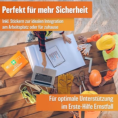 HELDENWERK Erste-Hilfe-Kasten Version 2026 [DIN 13157:2021] inkl. Wandhalter & 5 x Aufkleber | Verbandskasten für Büro, Haushalt und Gastronomie - Betriebsverbandskasten gefüllt, Sanitätsschrank
