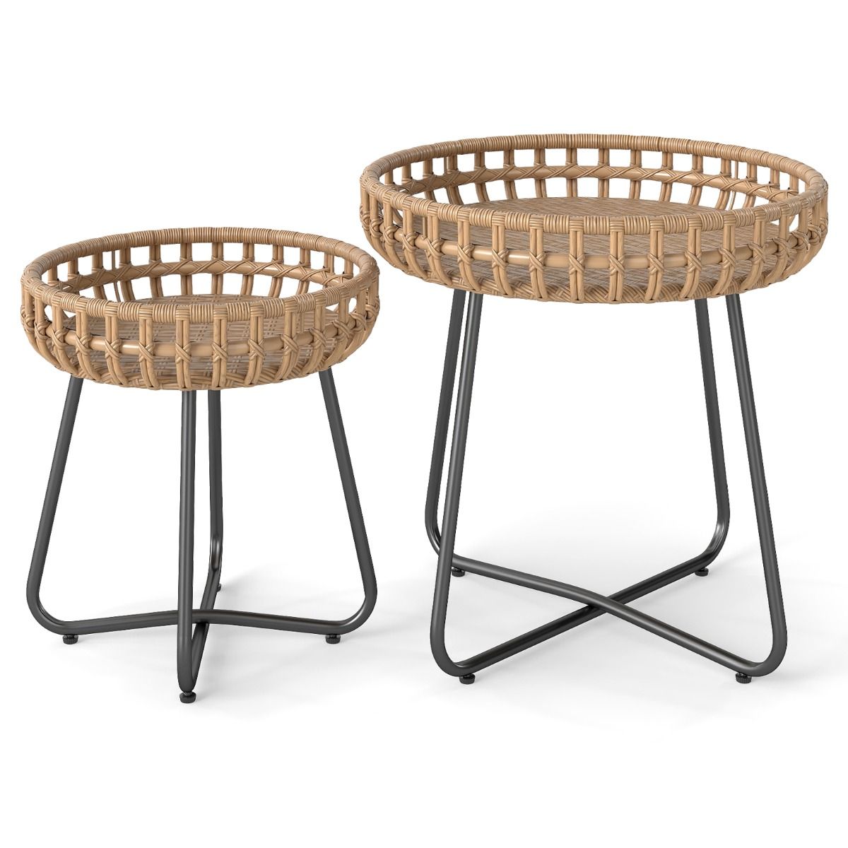 Coast 2er-Set runde Couchtische – Handgewebtes Rattan – Metallgestell – Braun und Schwarz