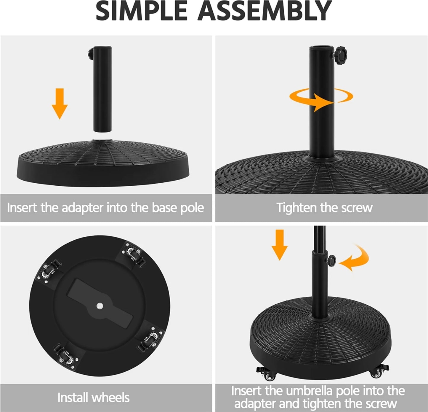 Yaheetech Sonnenschirmfuß auf Rädern 24 kg - Mit 4 Rollen mit Bremse und zwei Adaptern für Ø 38 mm und Ø 48 mm - Für Terrasse und Garten - Schwarzes Harz und Metall - 52 x 52 x 42 cm