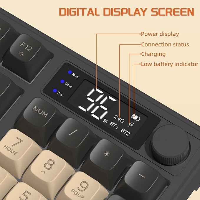 FREEWOLF M96 Wireless Gaming Keyboard, Tastensteuerung Bluetooth/2.4G Wireless Mechanical Feel Keyboard, RGB LED-Hintergrundbeleuchtung mit Display, PBT Keycap, 3000mAh, US Layout für Win/Mac Flickering
