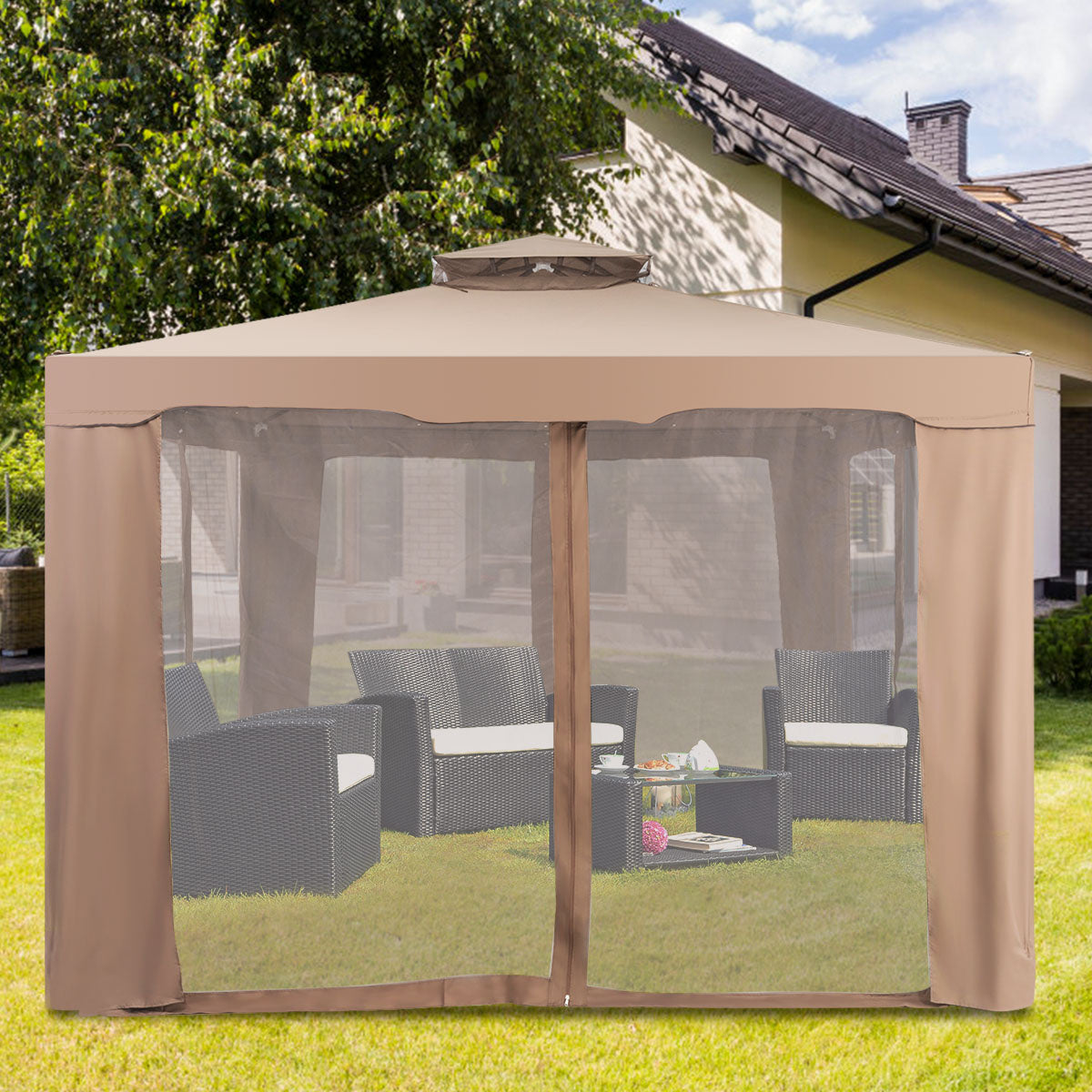 Coast Garten Pavillon Gartenzelt Camping Partyzelt mit 4 Seitenwänden 300x300x265cm Braun
