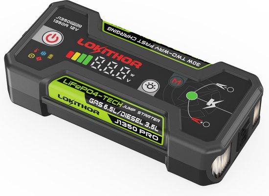 Lokithor Jumpstarter J1350 PRO – 12 V, 1350 A, LiFePO4 – Powerbank 30 W – Für PKW, Benziner bis 6,5 l und Diesel bis 3,5 l – LED-Taschenlampe