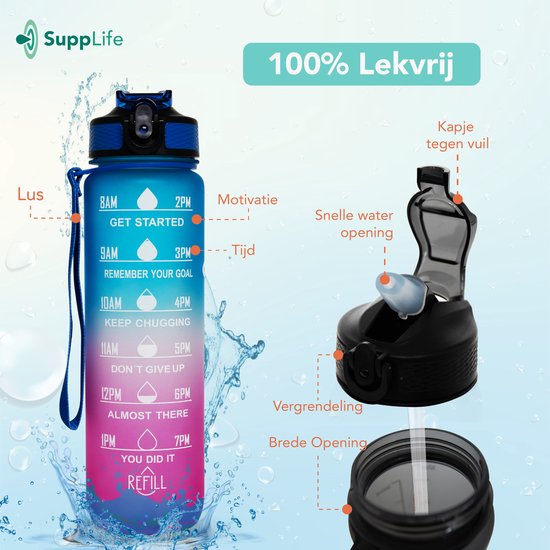 Supplife Motivations-Trinkflasche – 1-Liter-Trinkflasche – Trinkflasche mit Zeitmarkierung – Mit Strohhalm – Erwachsene – Kinder – Blau-Rosa