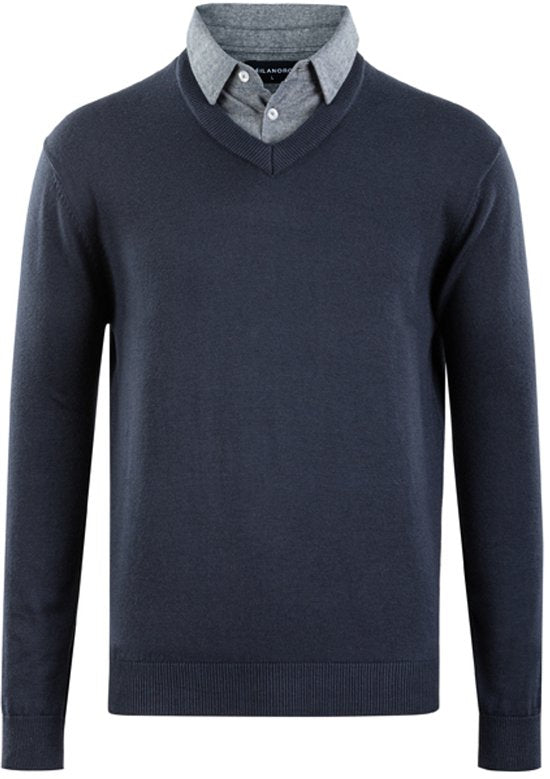 Milanoro - Herren Pullover mit Hemdkragen - Navy - XL