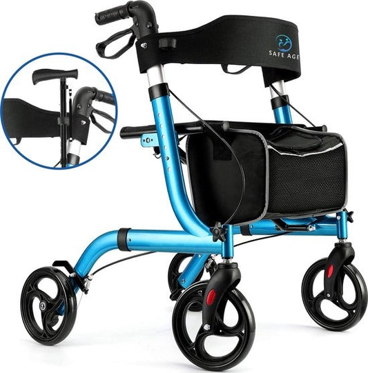 Safe Age - Rollator - leicht und faltbar - Sitzfunktion - für Innen- und Außenbereich - Rückenlehne und Gehstockhalterung