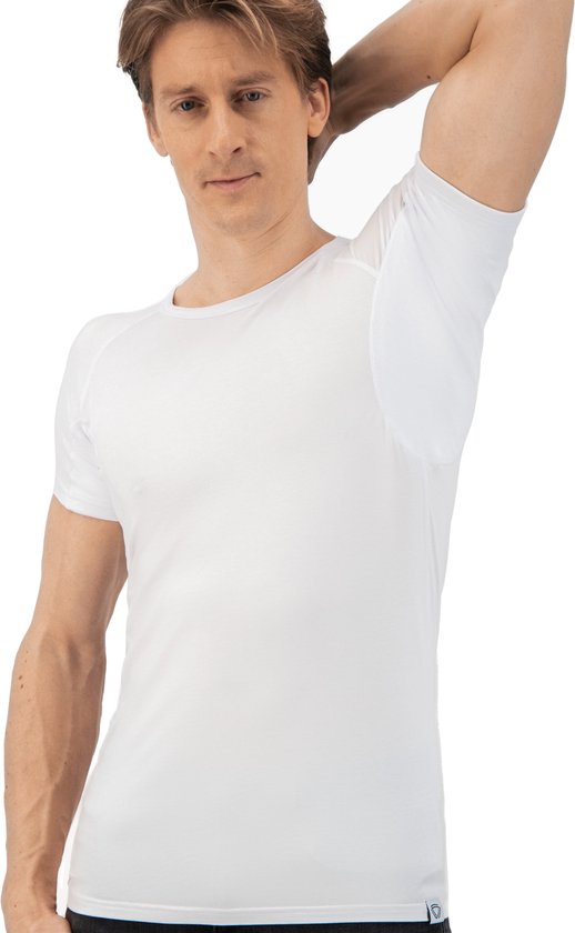 Anti Sweat Shirt - Fibershirts® - Eingenähte Achselpads - Unterhemd - Weiß - Rundhalsausschnitt - Herren - Größe M
