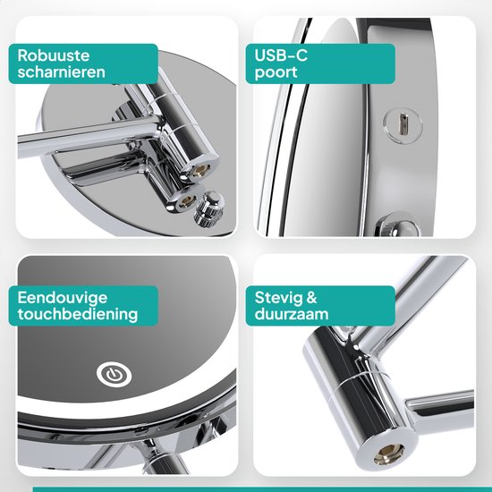 Mirlux Make-up-Spiegel mit LED-Beleuchtung - Wiederaufladbar - 5-fache Vergrößerung - Vergrößerungsspiegel mit Licht - Rasierspiegel - Badezimmerspiegel - Chrom