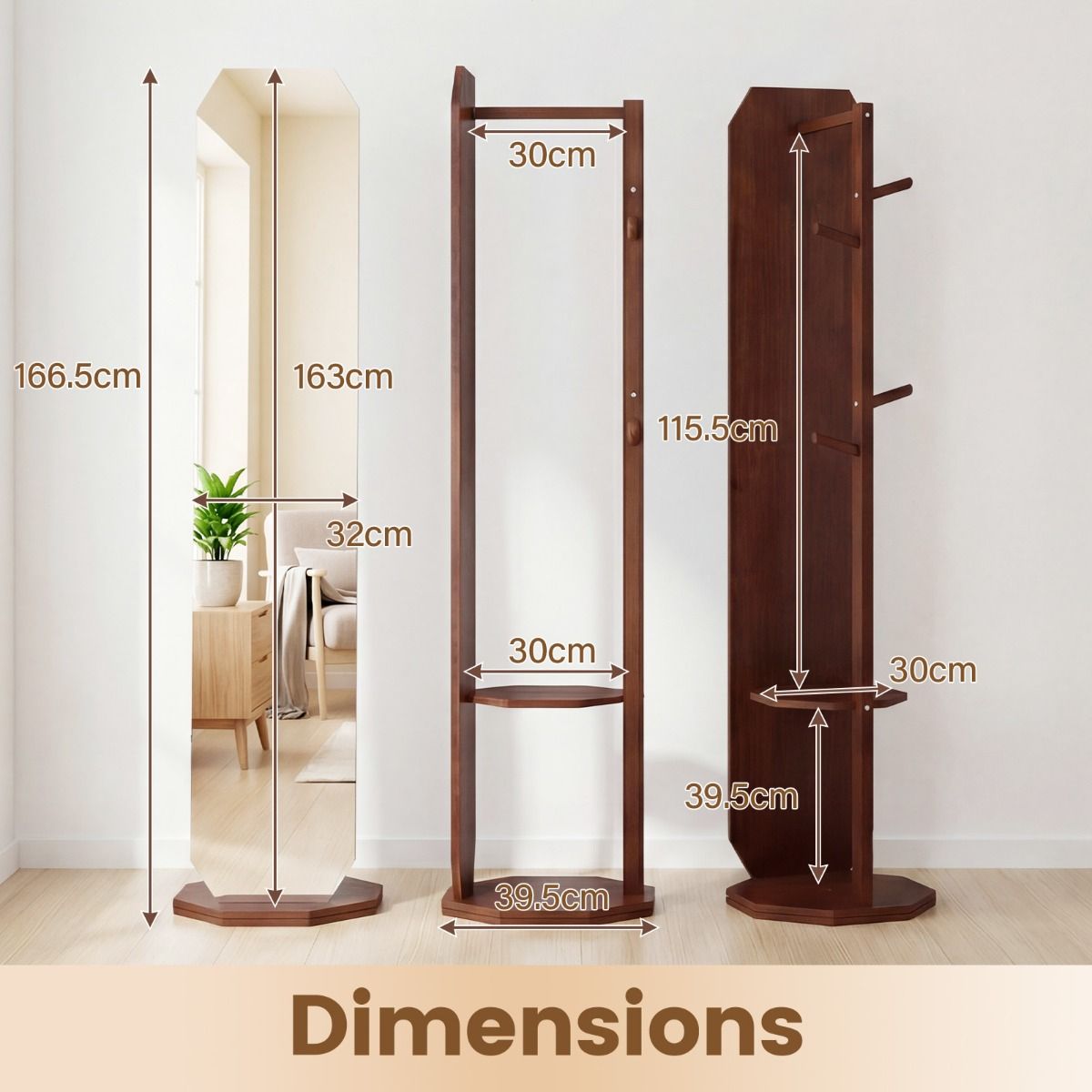 Coast Ganzkörperspiegel mit Ständer – 3-in-1-Garderobe – um 360° drehbar – Walnuss