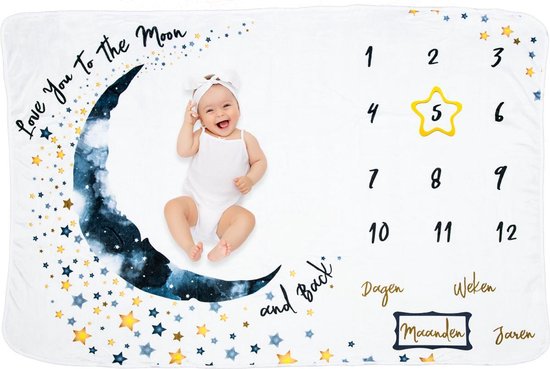 Frummel Milestone blanket 'Moon' - Milestone blanket - Milestone baby - Baby Gift Boy - Baby Gift Girl - Baby Shower Gift - Baby Gift - Milestone blanket in Dutch - Muttertagsgeschenk - 100 x 150 cm