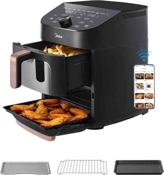 Heißluftfritteuse MF-CY110A – Heißluftfritteuse – doppelstöckig – überlappende Heißluftfritteuse – intelligente WLAN-Synchronisierung mit Alexa - 11 l XL, vertikales, platzsparendes Design – 10-in-1-Korb-Grillpfanne – geeignet für 3 bis 8 Personen – 2400