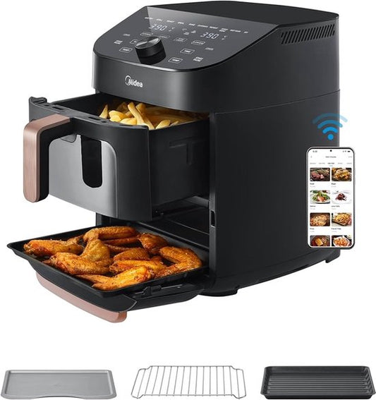 Heißluftfritteuse MF-CY110A – Heißluftfritteuse – doppelstöckig – überlappende Heißluftfritteuse – intelligente WLAN-Synchronisierung mit Alexa - 11 l XL, vertikales, platzsparendes Design – 10-in-1-Korb-Grillpfanne – geeignet für 3 bis 8 Personen – 2400