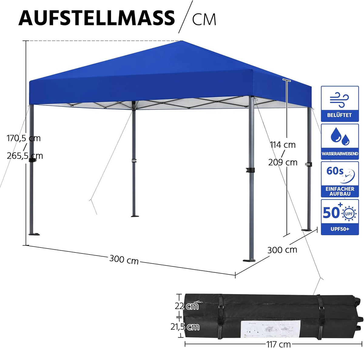Yaheetech Pop-up-Faltpavillon 3 × 3 m, höhenverstellbar von 170,5 bis 265,5 cm, blau