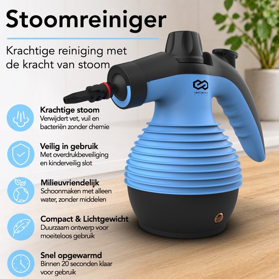 Infinity Goods Dampfreiniger – 12-in-1-Handdampfreiniger – Handdampfreiniger – Fleckenentferner – Teppichreiniger – 10 Aufsätze – 1050 Watt – 3,2 bar – Blau