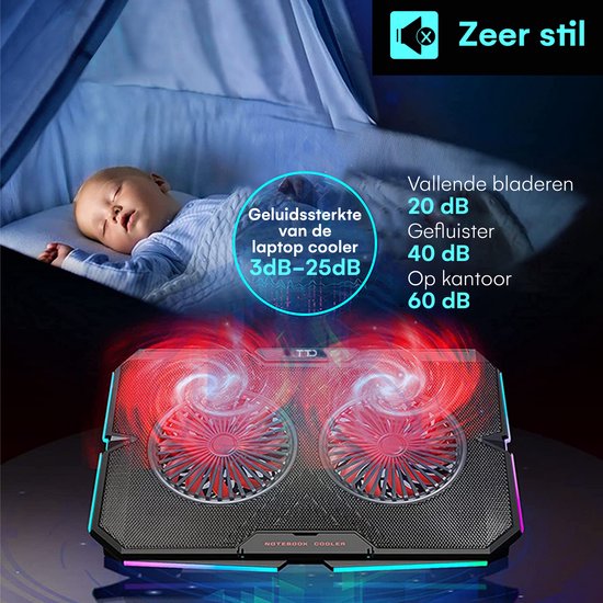 TTD® Premium Laptop-Kühler - Verstellbare Laptop-Halterung - Rotationsgeschwindigkeiten bis zu über 2400 RPM - für Gaming - Bis zu 17 Zoll - Extra USB-Anschluss - Schwarz