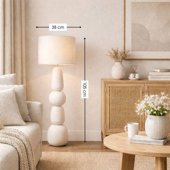 Mica Decorations - Menko Stehlampe für das Wohnzimmer – Mit Lampenschirm – 105 x ⌀38 cm – 60 W, E27, IP20 – Creme