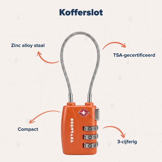 TRVLMORE Kofferschloss, lang – TSA-Reiseschloss – Schloss – 3-stelliges Vorhängeschloss – 14 cm Kabelschloss – 2 Stück – Zahlenschloss – Orange