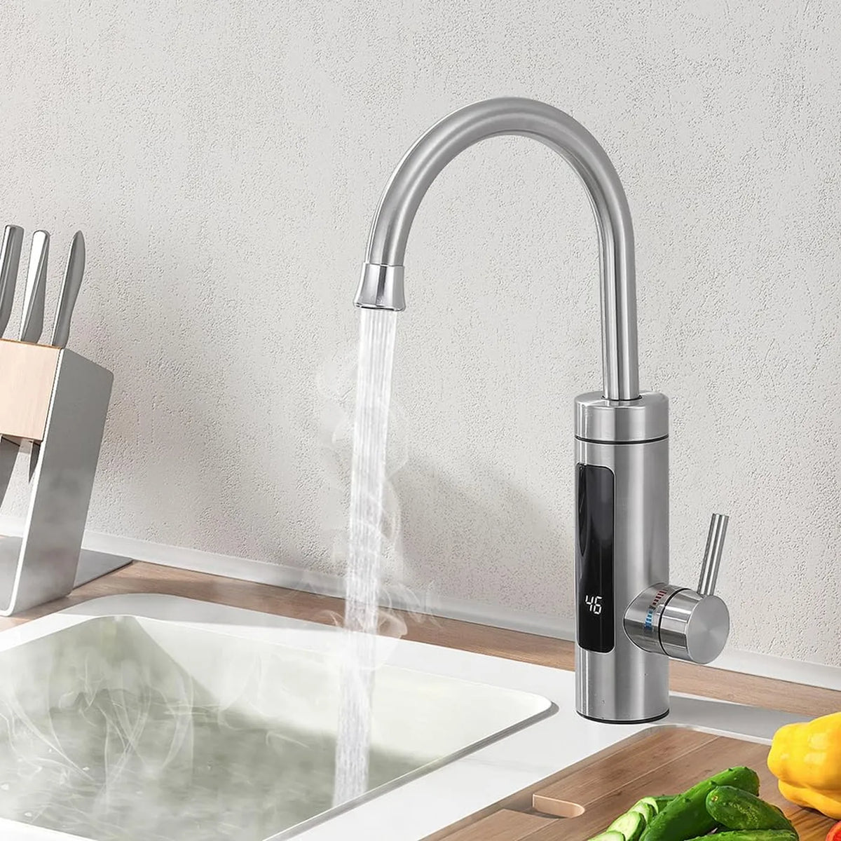 HOMELODY Elektrischer Küchenwasserhahn mit Durchlauferhitzer – 3000 W – 230 V – LED-Anzeige – Edelstahl – gebürstetes Silber
