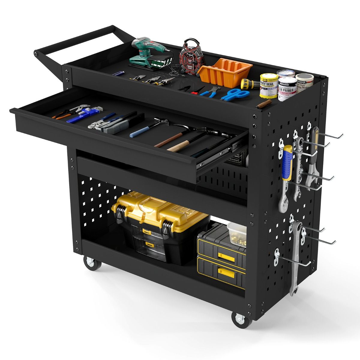 Coast Werkzeugwagen auf Rädern – 3 Ebenen – große Schublade – schwarz 80 x 35 x 73 cm
