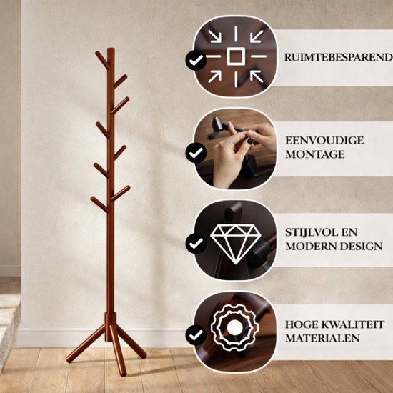 Bayt Garderobe - Stehende Garderobe - Garderobenständer Holz - Garderobenständer - 8 Haken - 175 cm - Braun