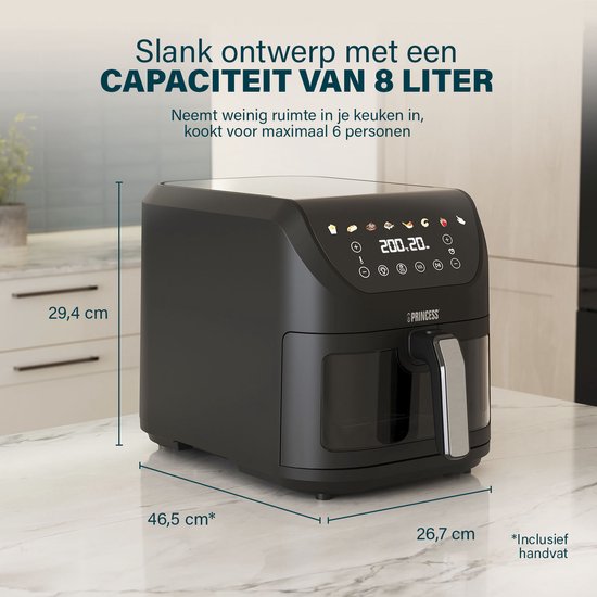 Princess 182257 SlimFry Heißluftfritteuse – 8 l Fassungsvermögen – Transparentes Sichtfenster – Digitaler Touchscreen – 8 voreingestellte Programme – Kompaktes Design – 2000 W