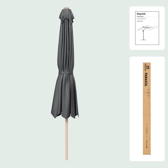 LifeGoods Sonnenschirm - Garten - 270x180cm - 30° neigbar - Wasserdicht - UPF50+ - Holzbeschichtung - Dunkelgrau