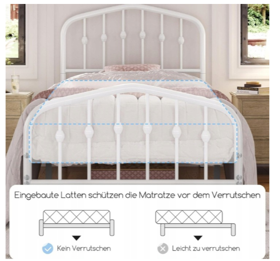 Yaheetech Einzelbett aus Metall im Vintage-Stil – Weiß – 90 x 190 cm