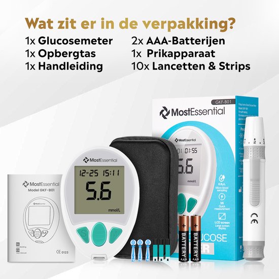 MostEssential Premium Blutzuckermessgerät Starter Kit - Blutzuckermessgerät - Diabetes Messgerät - Alles in einem Set - Inklusive Aufbewahrungstasche, Stechhilfe, 10 Teststreifen & 10 Lanzetten