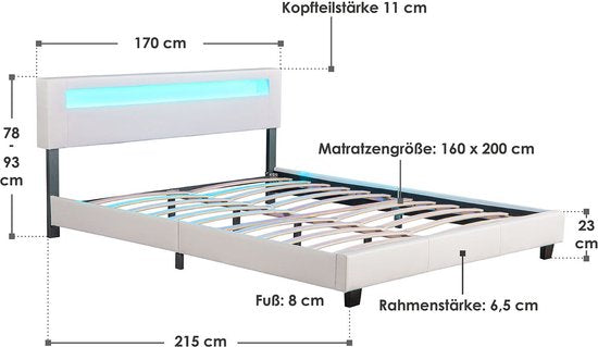Polsterbett Paris - 160 x 200 cm - Weiß - LED-Beleuchtung