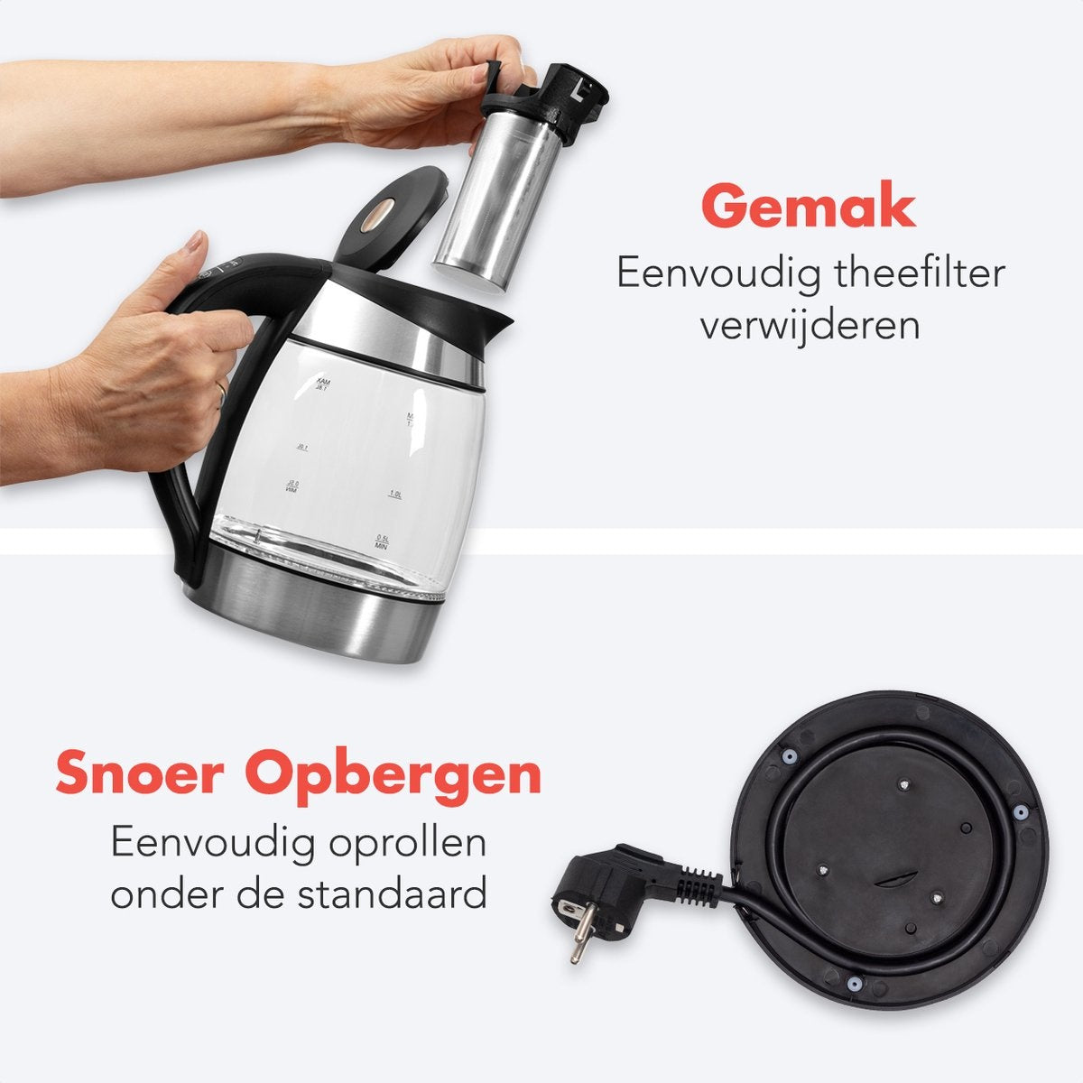 KitchenBrothers Elektrischer Wasserkocher - 1,8L - Temperaturregelung - Warmhaltefunktion - mit Teefilter - 2200W - 1,8L - Glas - Edelstahl