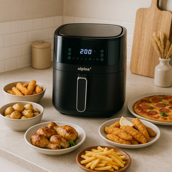 alpina Airfryer XL – Heißluftfritteuse 6 l – Air Fryer für 2 bis 5 Personen – Heißluftofen mit digitalem Touchscreen – Einstellbare Temperatur von 80 bis 200 Grad – Timer-Funktion – 8 Kochprogramme
