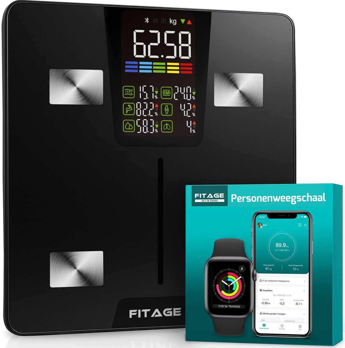 FITAGE - LED-Waage Personenwaage Digital - Intelligente Waage mit 17-facher Körperanalyse - schwarz