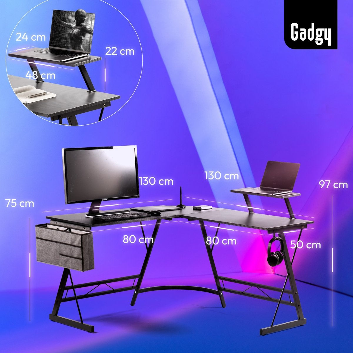 Gadgy Game Desk Carbon PRO - Gaming-Eckschreibtisch 130 CM breit - Gaming-Schreibtisch mit Carbon-Details - Gaming-Schreibtisch L-Form mit Kopfhörerhalter, Bildschirmerhöhung & Ablagekorb - Level Up with Gadgy - Black Carbon