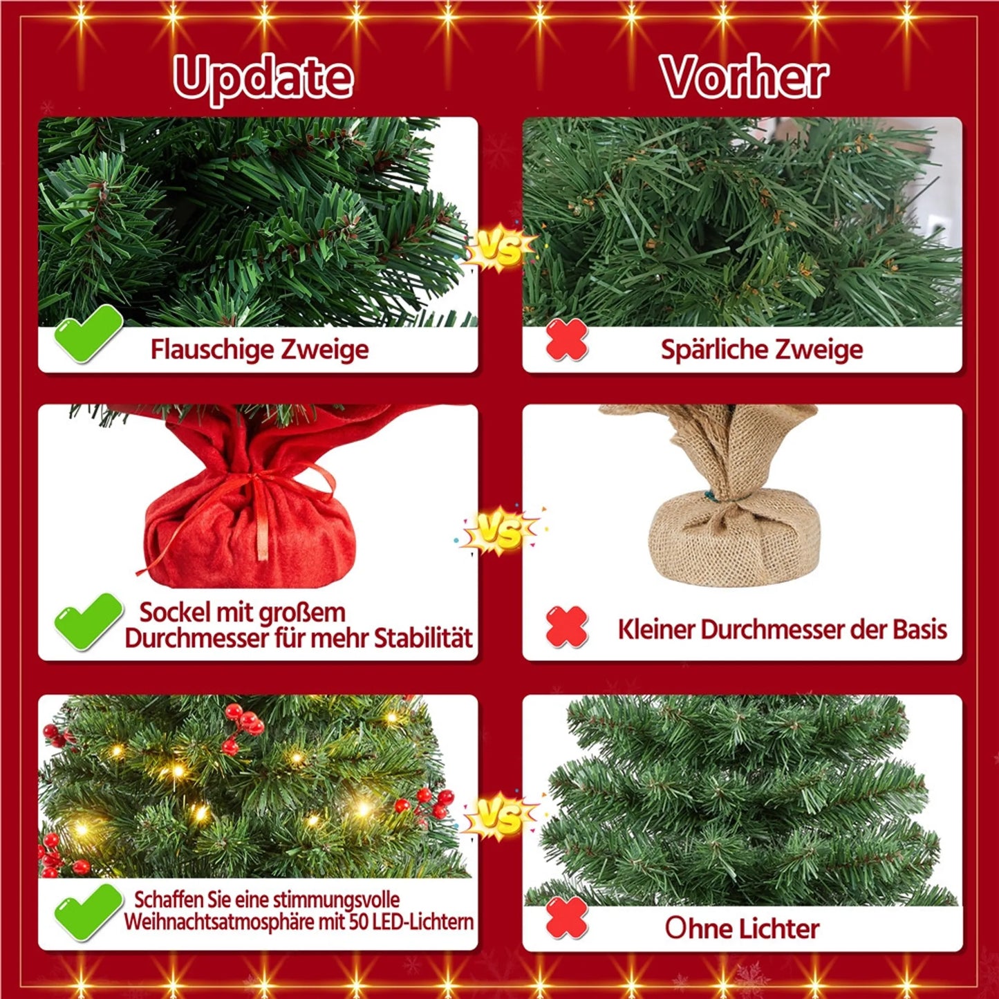 Yaheetech Tisch-Weihnachtsbaum mit Lichtern - 48 x 48 x 90 cm - Ausgestattet mit 50 LED-Lichtern und 60 roten Beeren und Betonsockel mit rotem Tuch - Für Sideboard und Büro - Grünes PVC und Beton