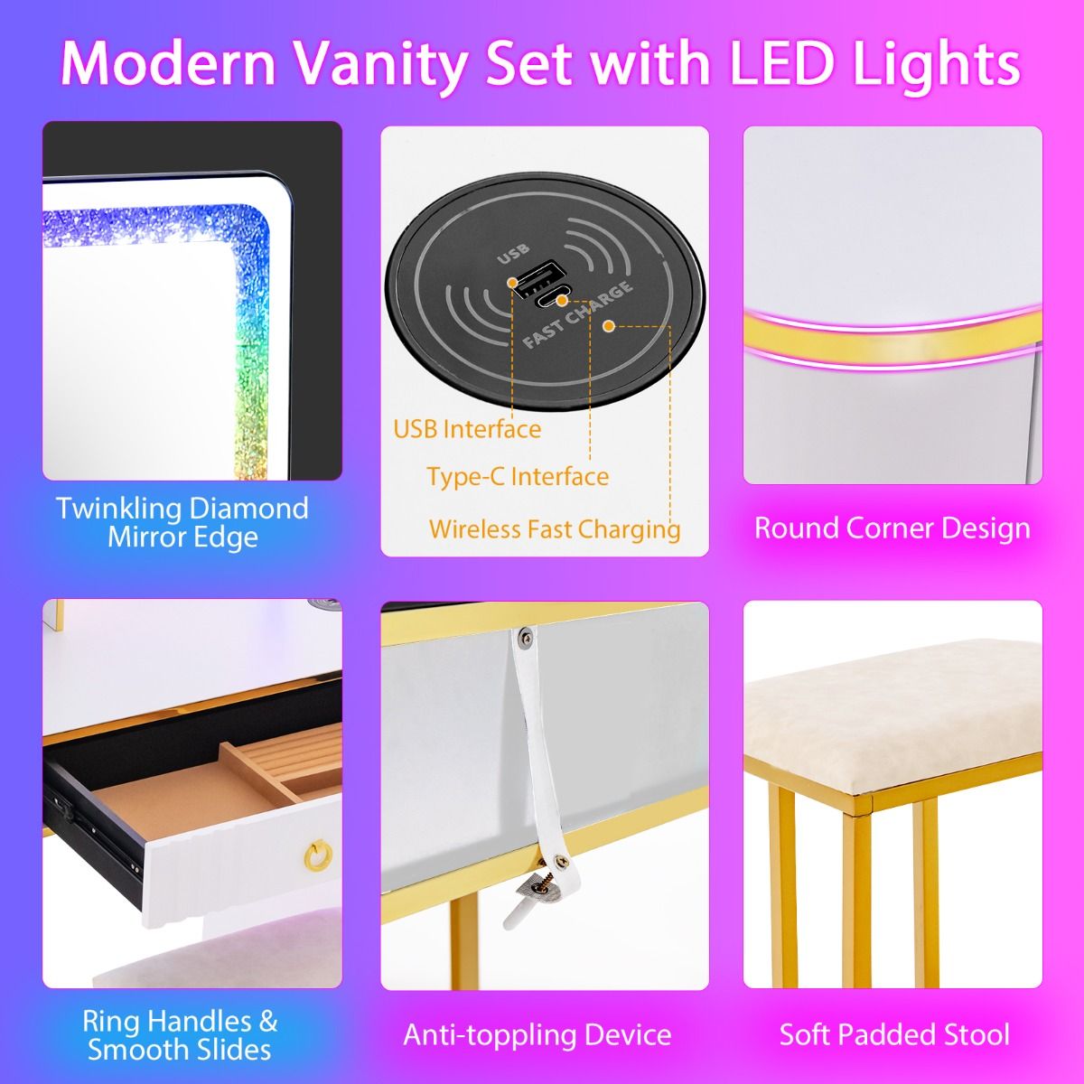 coast Schminktisch-Set mit Spiegel 80×40×137 cm - Weiß - LED mit 7 dynamischen & 7 statischen Modi - Kabellose Ladestation & USB/Type-C - Inklusive Hocker