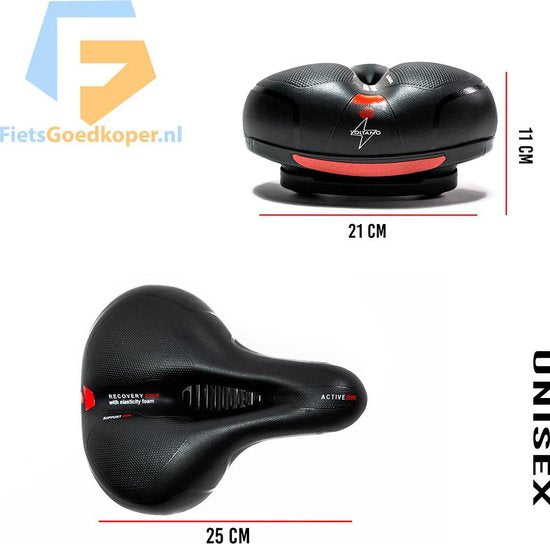 Voltano Fahrradsattel mit Gel-Polstern – Schwarz/Rot – Aussparung – Sattelfederung – Unisex – Inklusive Sattelriemen