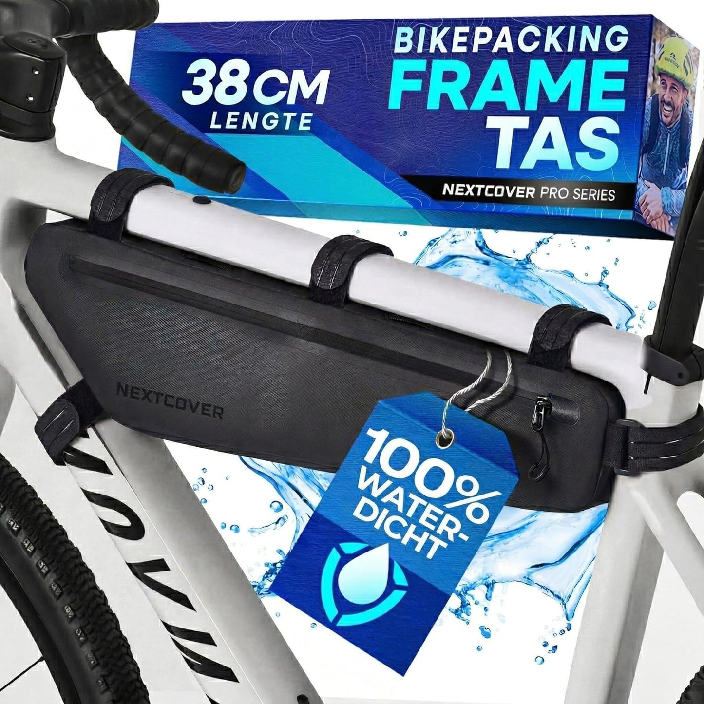 Nextcover Bikepacking-Rahmentasche – 38 cm – Schwarz – 3 Liter – 100 % wasserdichtes TPU – Fahrrad-Rahmentasche für Gravelbike, Rennrad und MTB