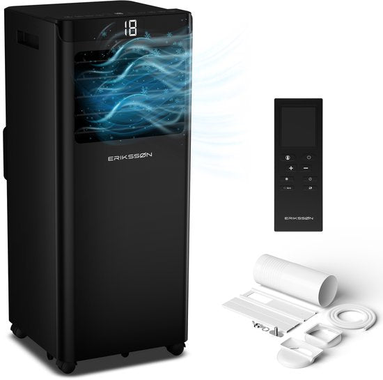 Erikssøn Mobile Klimaanlage – 10.000 BTU – inkl. Fensterdichtungsset – bis zu 30 m² – 4-in-1 – Klimaanlage – Ventilator – Luftentfeuchter – Schwarz